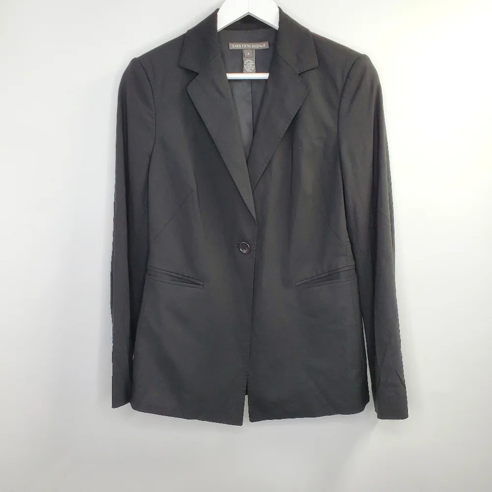 Saks Fifth Ave Black Wool One Button Blazer Career_8